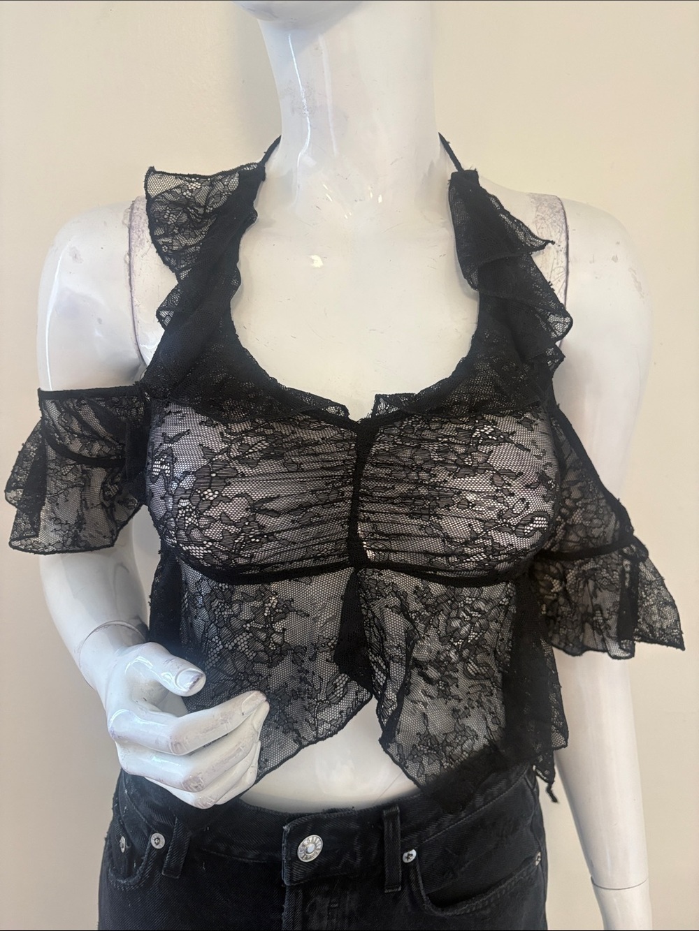 Dolls Kill Brand Current Mood Black Sheer Lace Ruffle Halter Backless Crop Top